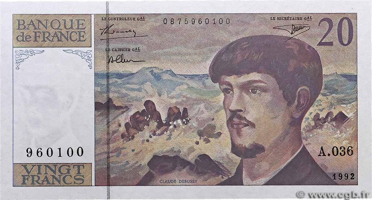 20 Francs DEBUSSY à fil de sécurité FRANKREICH 1992 F.66bis.03A36 ST