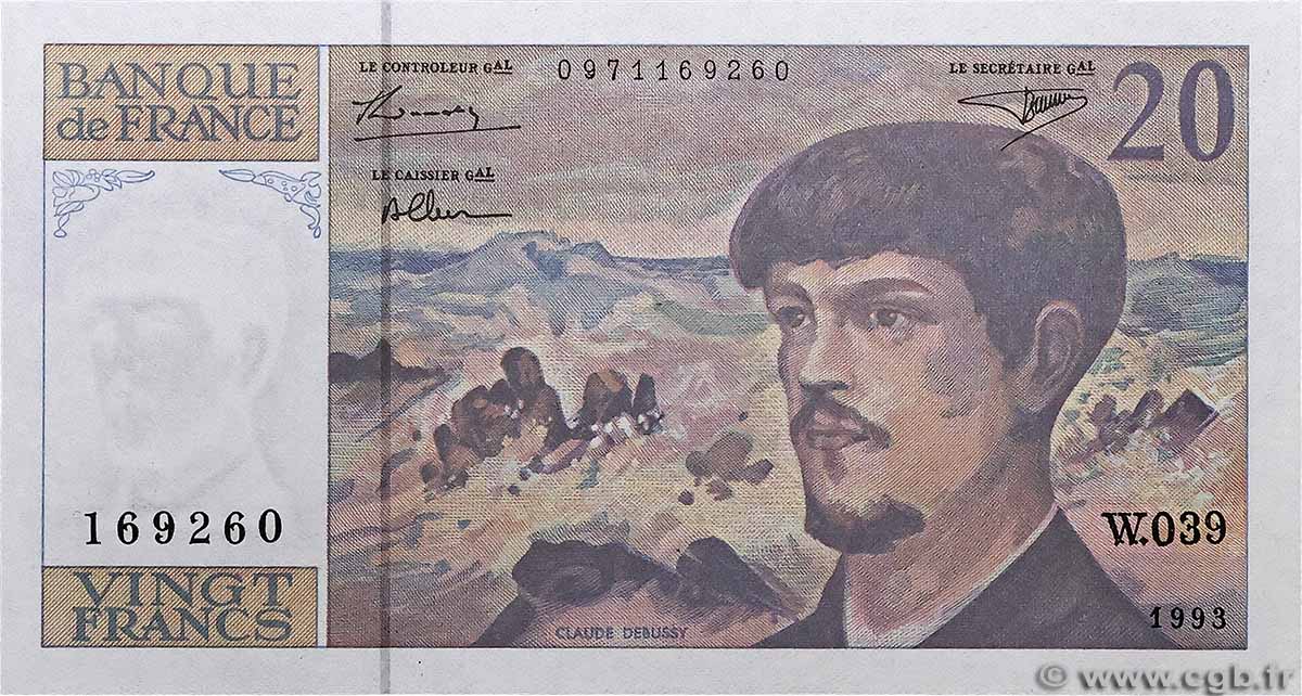 20 Francs DEBUSSY à fil de sécurité FRANKREICH 1993 F.66bis.04 ST