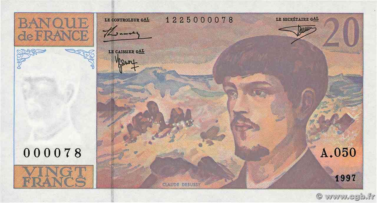 20 Francs DEBUSSY Modifié Petit numéro FRANCIA 1997 F.66ter.02A50 FDC