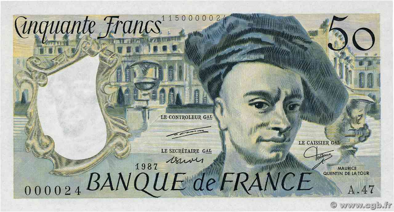 50 Francs QUENTIN DE LA TOUR Petit numéro FRANCIA 1987 F.67.13A47 FDC