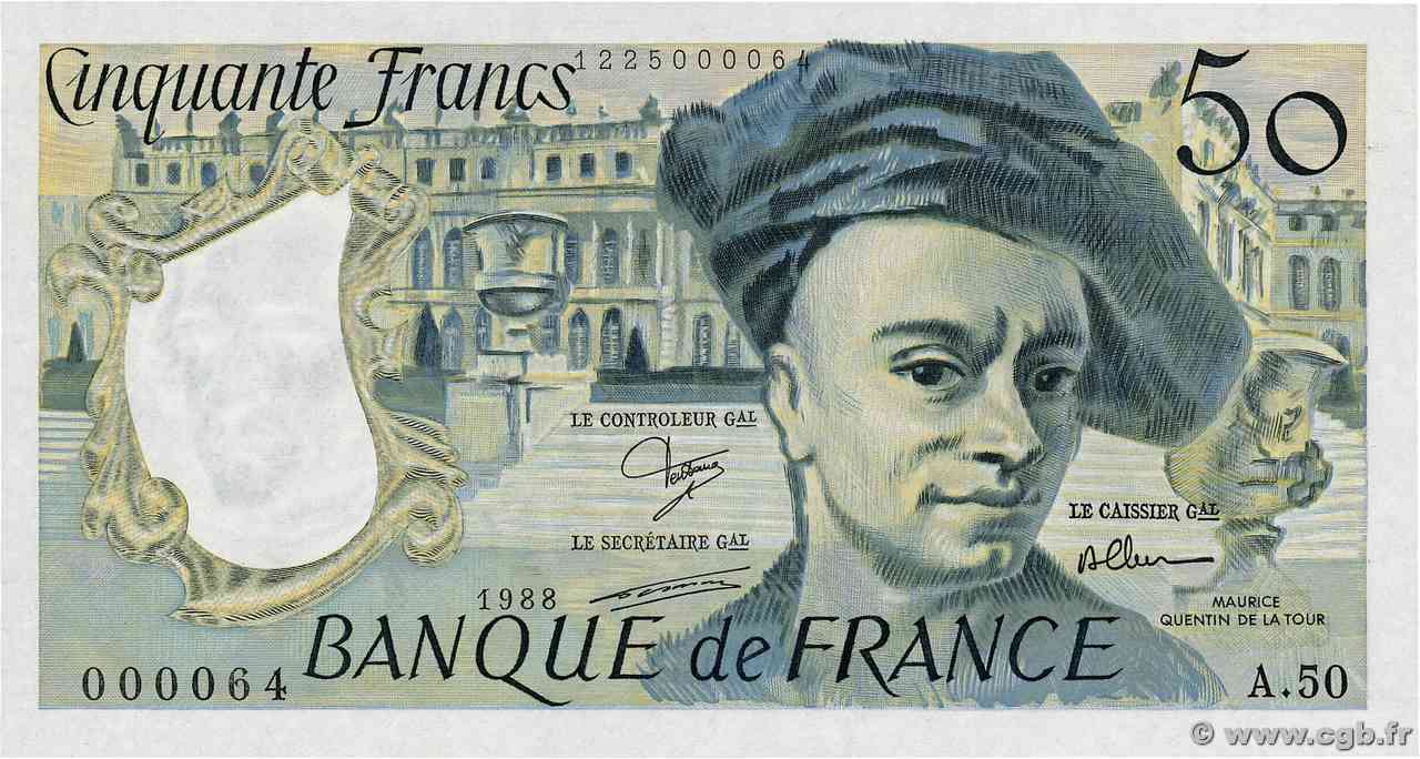 50 Francs QUENTIN DE LA TOUR Petit numéro FRANCIA 1988 F.67.14A50 FDC