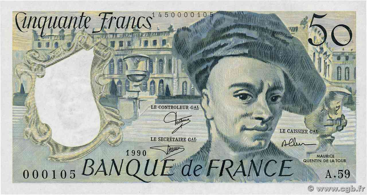 50 Francs QUENTIN DE LA TOUR Petit numéro FRANCIA 1990 F.67.16A59 FDC
