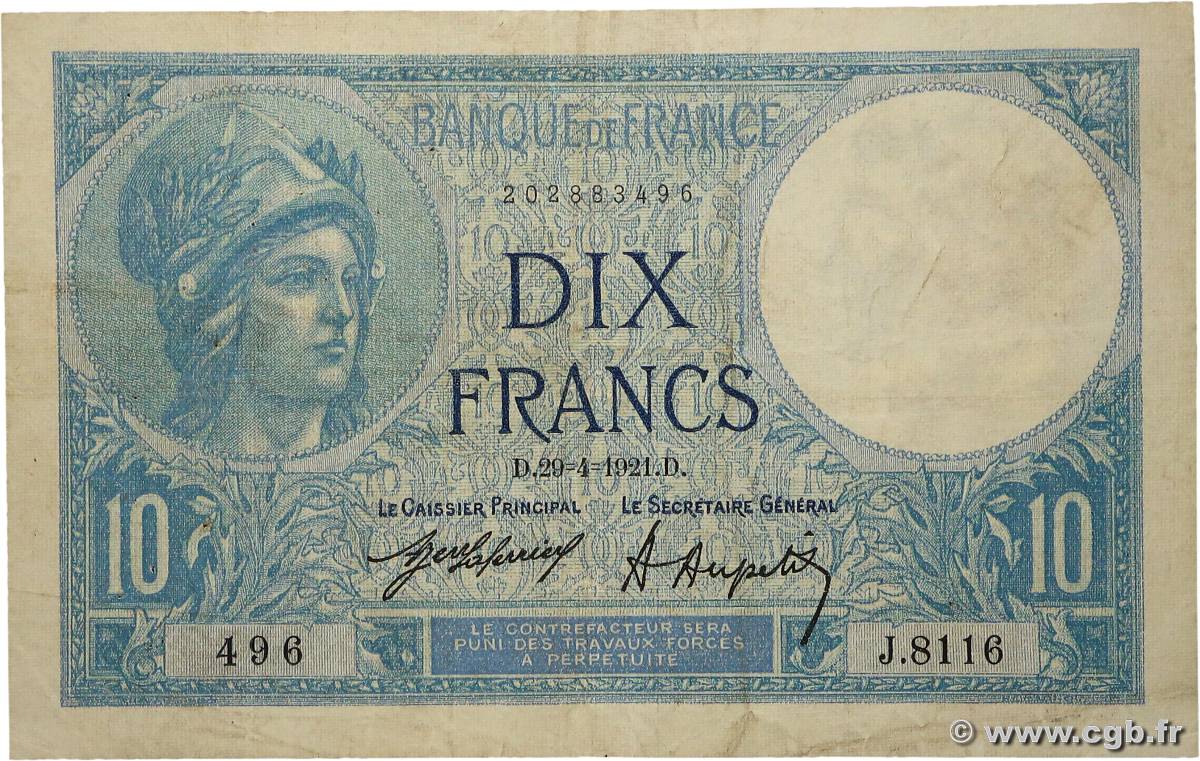 10 Francs MINERVE FRANCE  1921 F.06.05 TB+