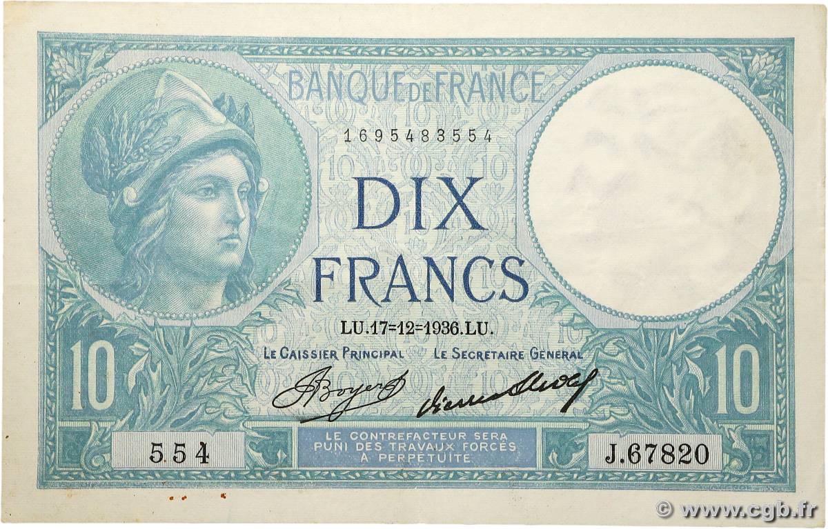 10 Francs MINERVE FRANCE 1936 F.06.17 pr.SUP