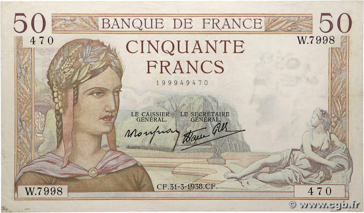 50 Francs CÉRÈS modifié FRANCE 1938 F.18.11 TTB
