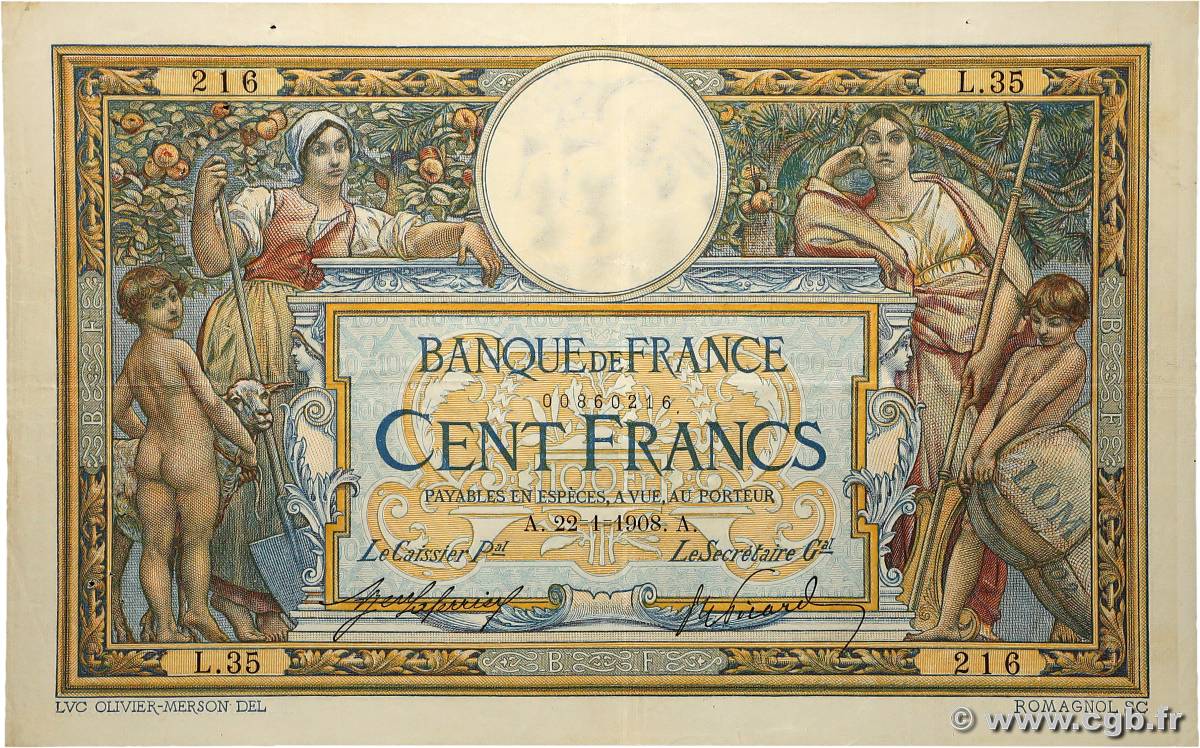 100 Francs LUC OLIVIER MERSON avec LOM FRANCE  1908 F.22.01 TTB+