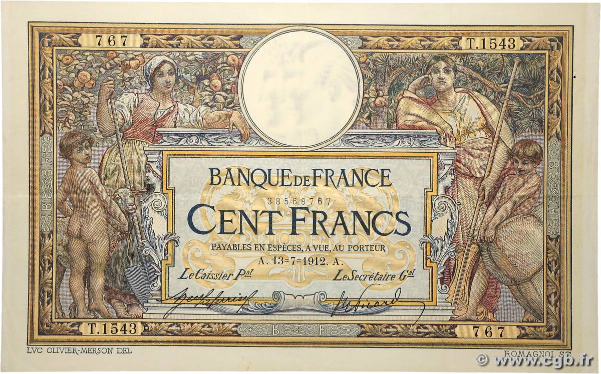100 Francs LUC OLIVIER MERSON sans LOM FRANKREICH 1912 F.23.04 fVZ