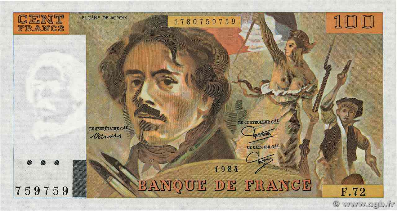 100 Francs DELACROIX modifié Numéro spécial FRANCIA 1984 F.69.08a FDC