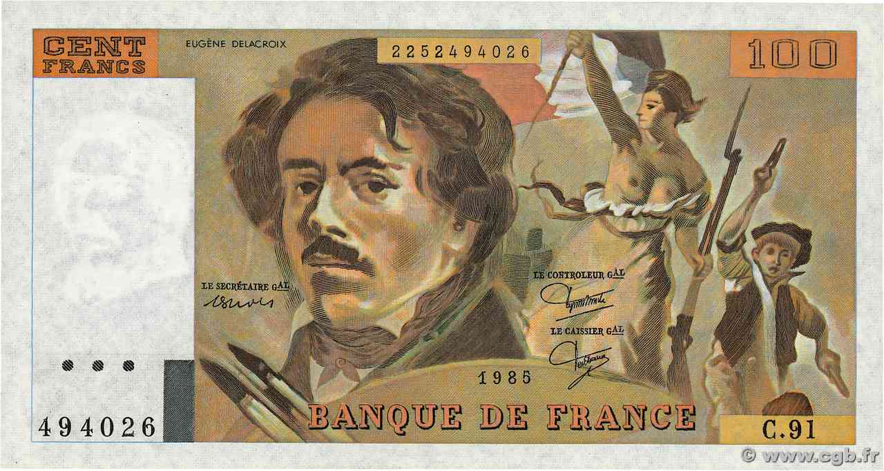 100 Francs DELACROIX modifié FRANCIA 1985 F.69.09 FDC