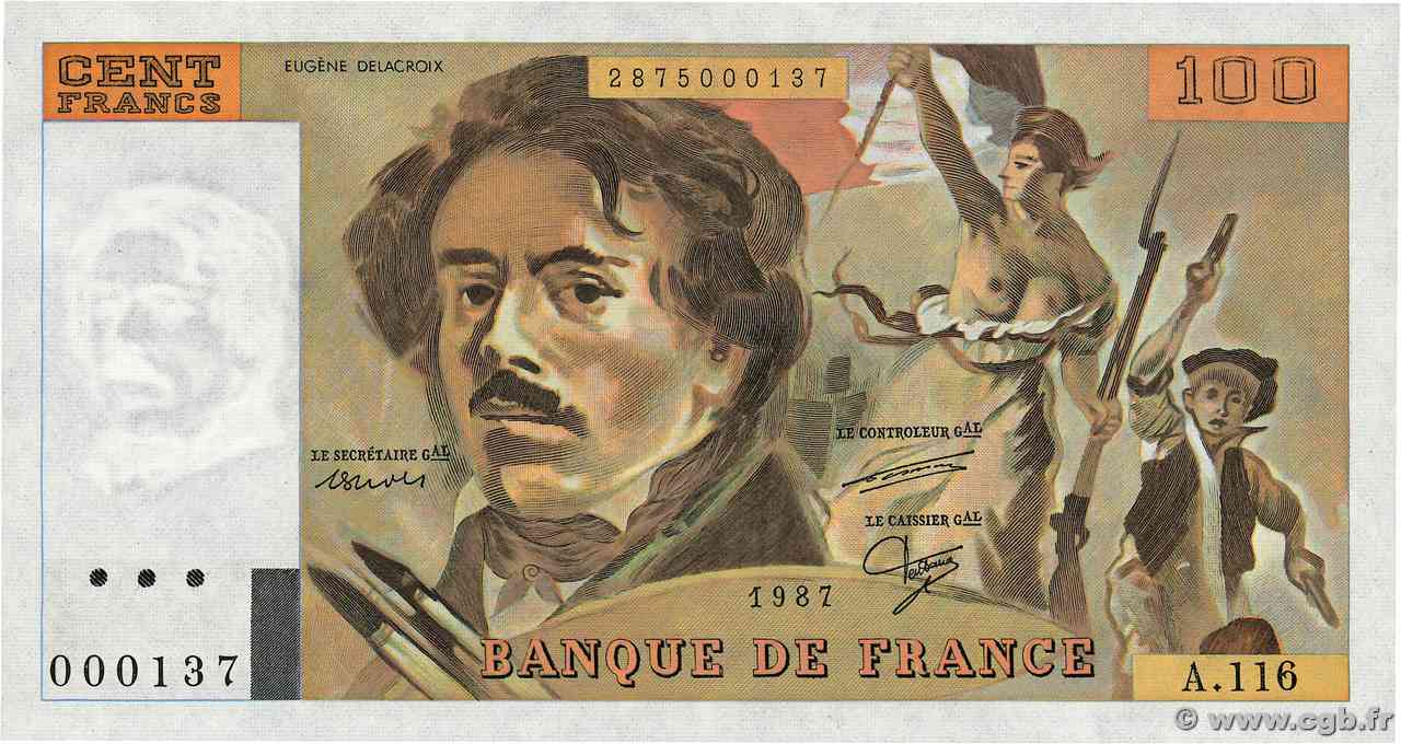100 Francs DELACROIX modifié Petit numéro FRANCE 1987 F.69.11A116 NEUF