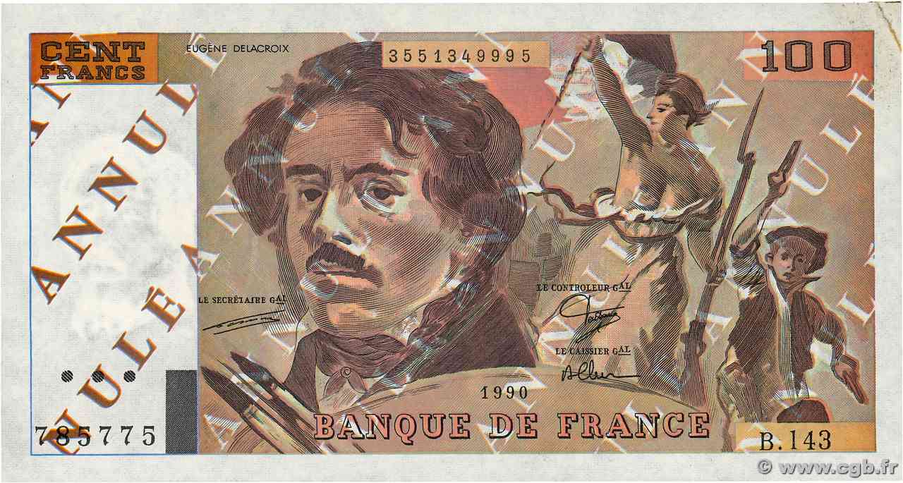 100 Francs DELACROIX imprimé en continu Essai FRANCIA 1990 F.69bis.01Ec AU