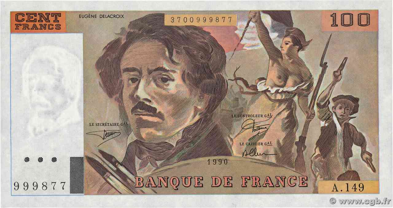 100 Francs DELACROIX imprimé en continu Grand numéro FRANCE 1990 F.69bis.02aA149 NEUF