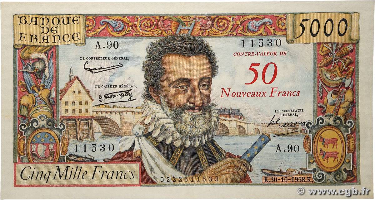50 NF sur 5000 Francs HENRI IV FRANCE 1958 F.54.01 SUP+