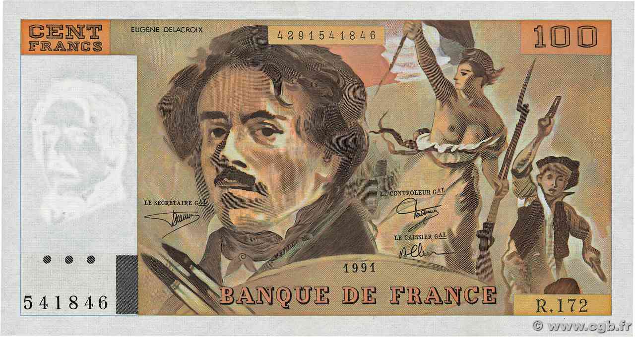 100 Francs DELACROIX imprimé en continu FRANCIA 1991 F.69bis.03a4 FDC
