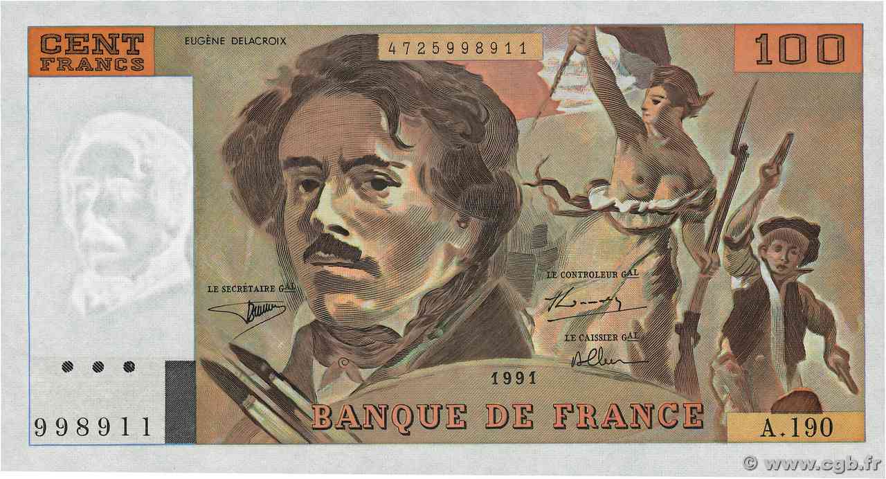 100 Francs DELACROIX imprimé en continu Grand numéro FRANCE 1991 F.69bis.04aA190 pr.NEUF