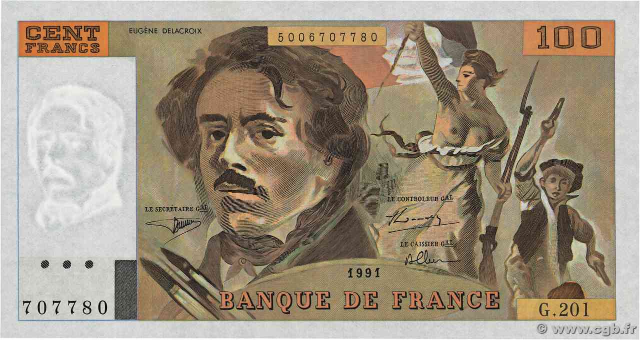 100 Francs DELACROIX imprimé en continu FRANCIA 1991 F.69bis.04a q.FDC