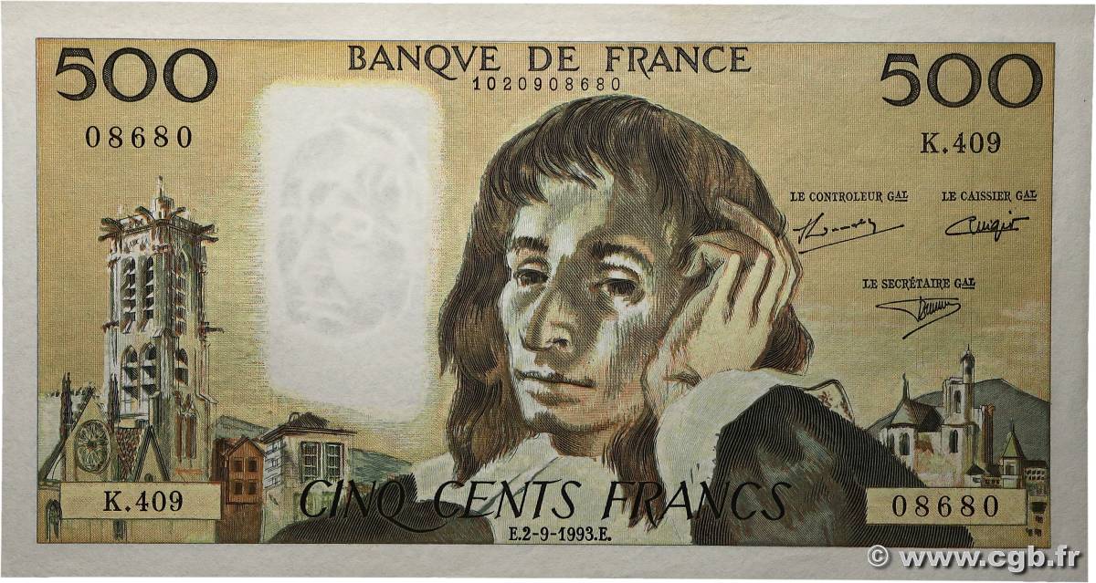 500 Francs PASCAL Numéro radar FRANCIA 1993 F.71.52 SC