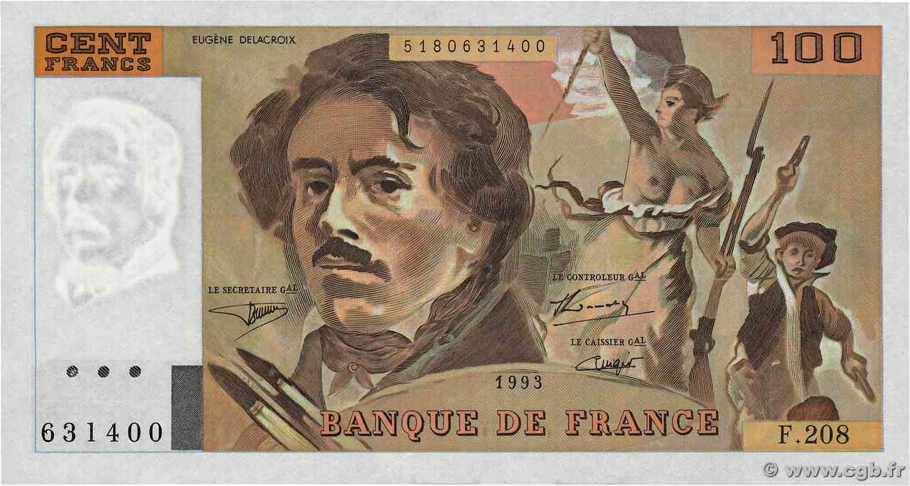 100 Francs DELACROIX imprimé en continu FRANCIA 1993 F.69bis.05 FDC
