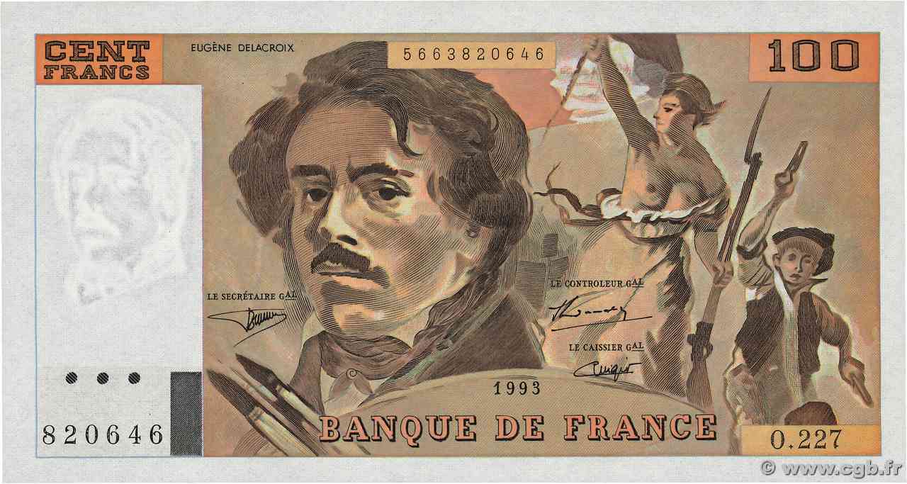 100 Francs DELACROIX imprimé en continu FRANCIA 1993 F.69bis.08 FDC