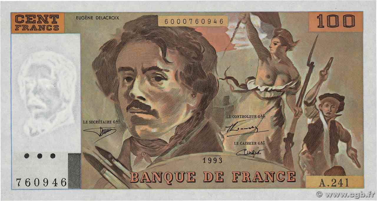 100 Francs DELACROIX imprimé en continu FRANCIA 1993 F.69bis.08 FDC