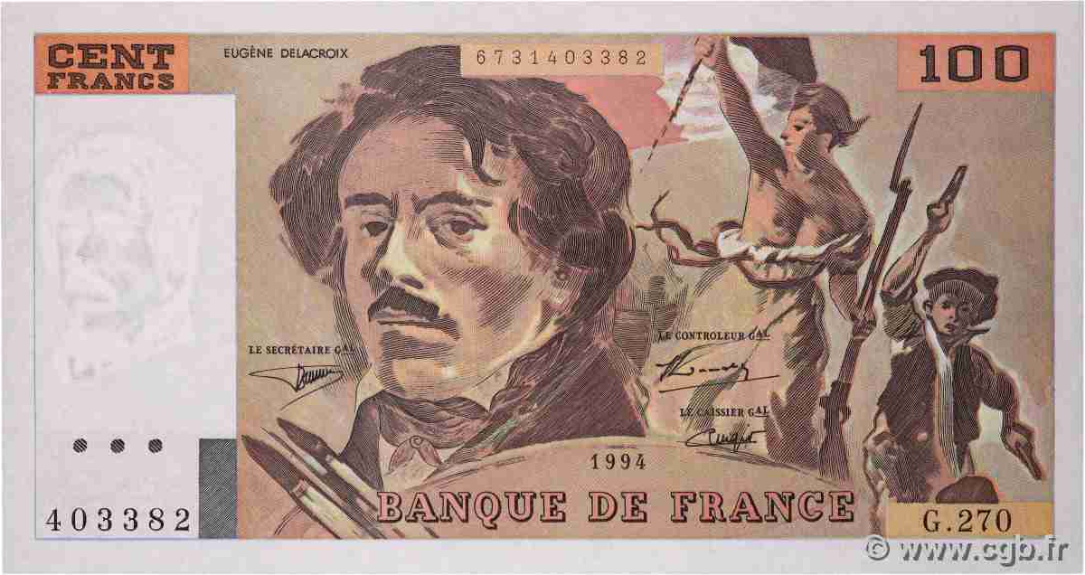 100 Francs DELACROIX 442-1 & 442-2 FRANCE 1994 F.69ter.01b NEUF