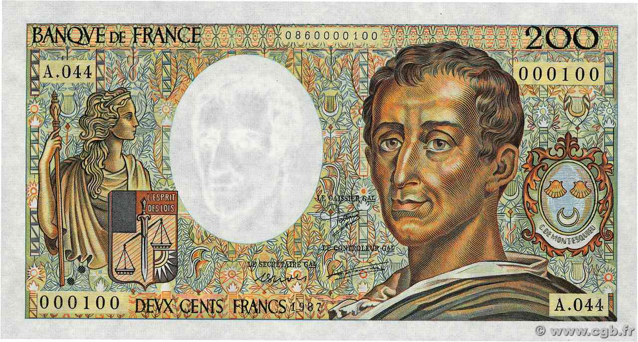 200 Francs MONTESQUIEU Petit numéro FRANCIA 1987 F.70.07A44 FDC