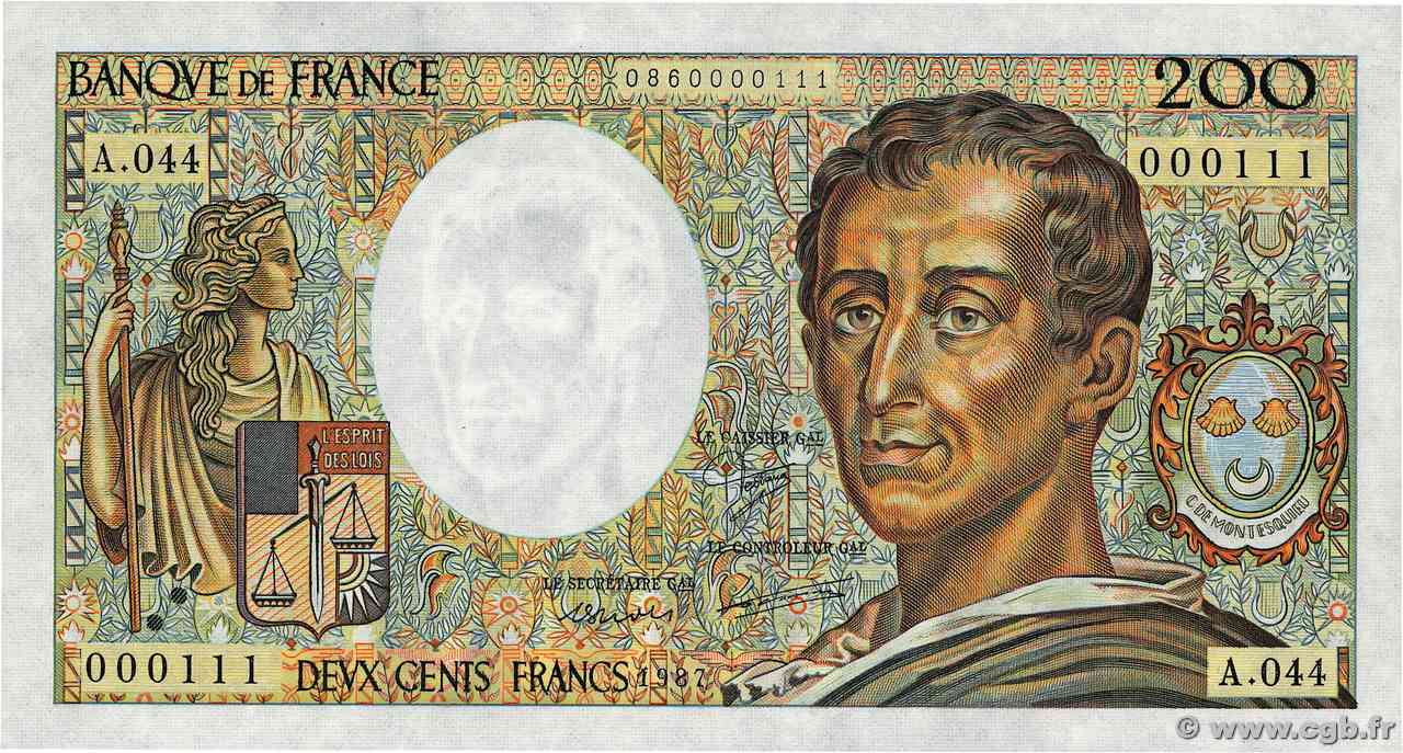 200 Francs MONTESQUIEU Petit numéro FRANCE 1987 F.70.07A44 pr.NEUF