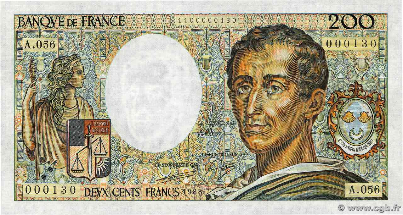200 Francs MONTESQUIEU Petit numéro FRANCE 1988 F.70.08A56 UNC-