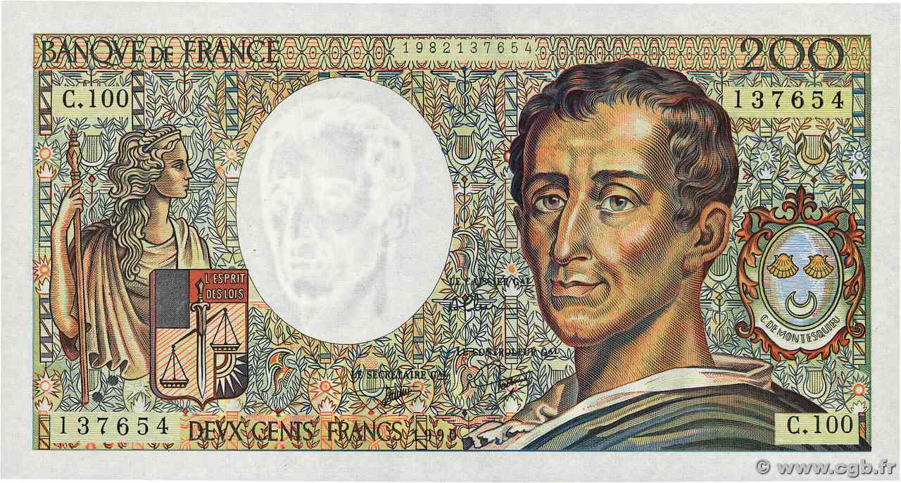 200 Francs MONTESQUIEU FRANCIA 1990 F.70.10b FDC