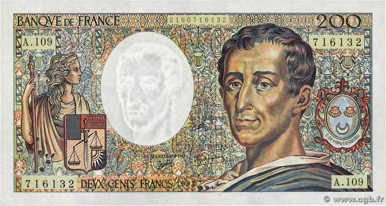 200 Francs MONTESQUIEU FRANCIA 1992 F.70.12a AU+