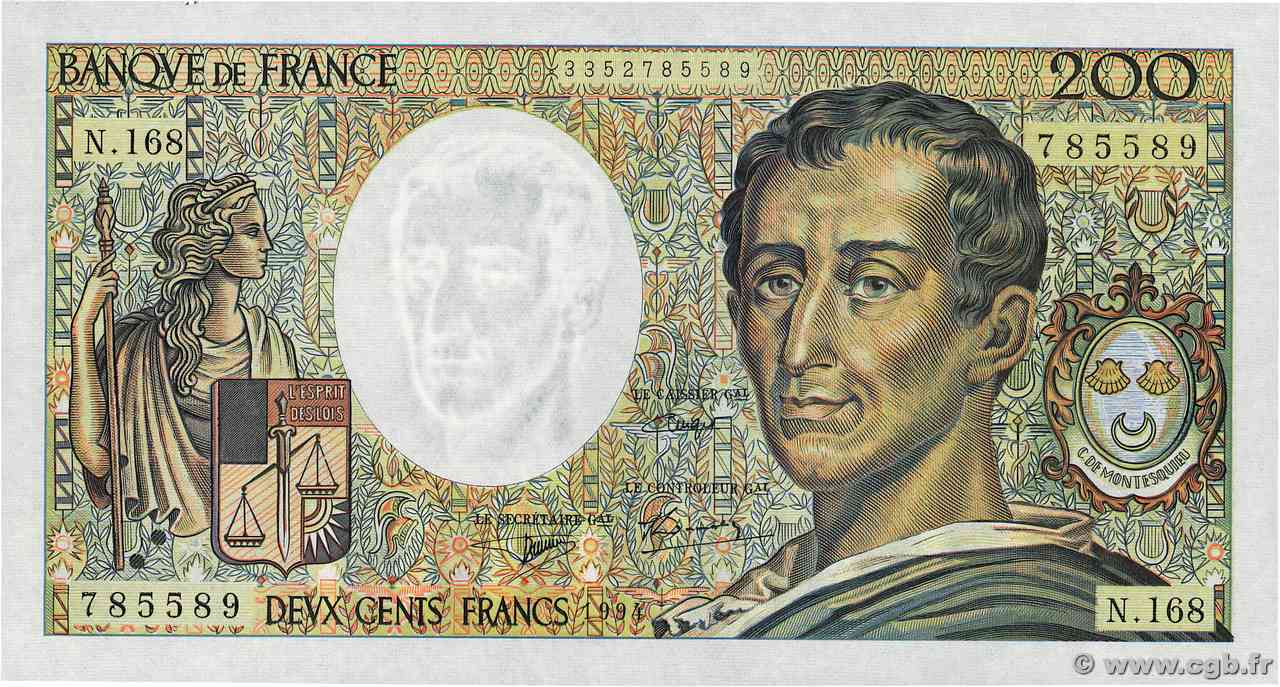 200 Francs MONTESQUIEU Modifié FRANCIA 1994 F.70/2.02 FDC