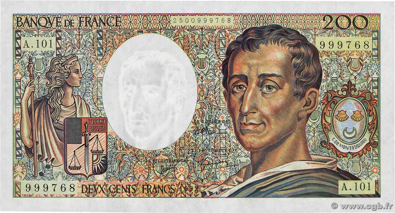 200 Francs MONTESQUIEU alphabet 101 FRANCIA 1992 F.70bis.01 FDC