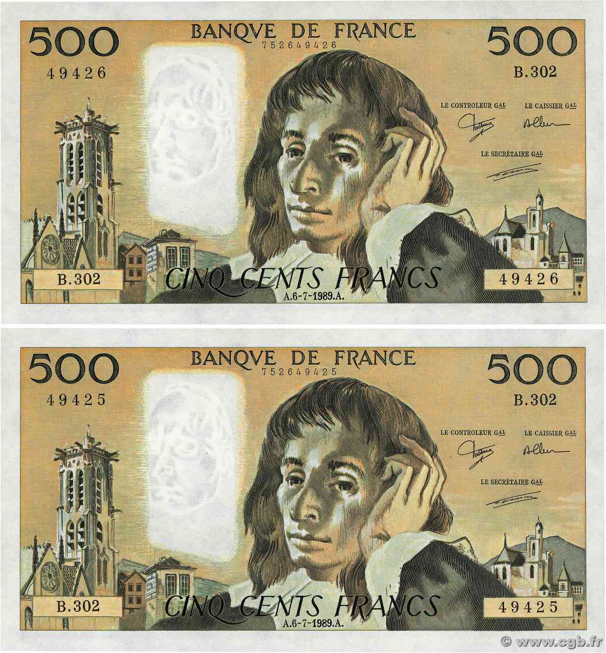 500 Francs PASCAL Consécutifs FRANCE 1989 F.71.42 pr.NEUF