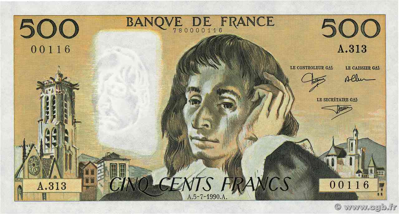 500 Francs PASCAL Petit numéro FRANCIA 1990 F.71.44A313 FDC