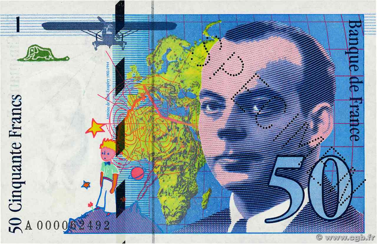 50 Francs SAINT-EXUPÉRY Spécimen FRANCIA 1992 F.72.01Scp q.FDC