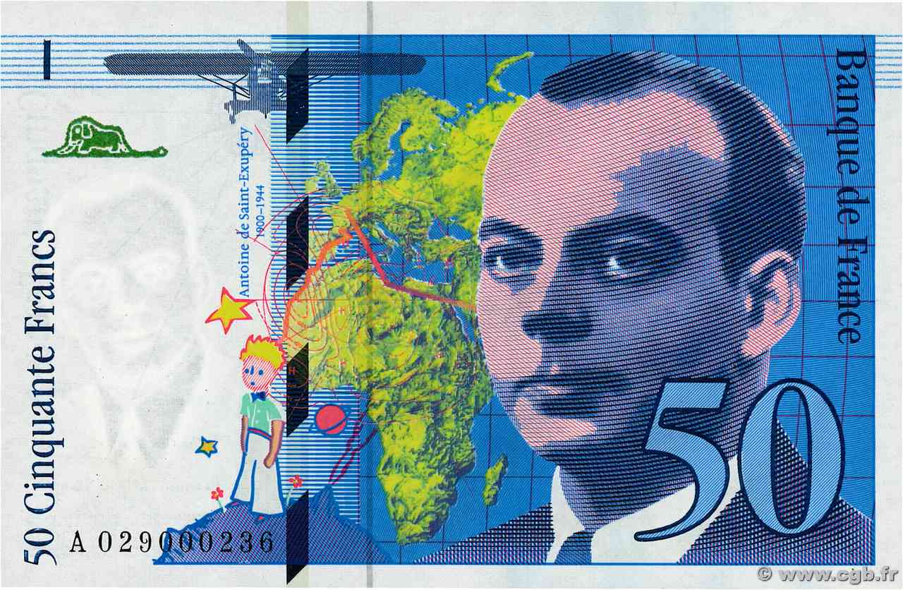 50 Francs SAINT-EXUPÉRY modifié Petit numéro FRANCIA 1996 F.73.02A FDC