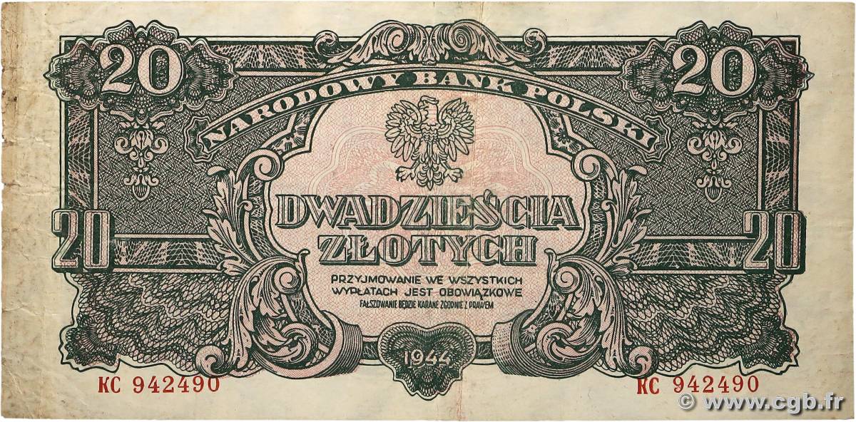 20 Zlotych POLOGNE 1944 P.113a TB