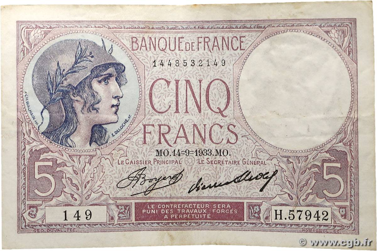 5 Francs FEMME CASQUÉE FRANCE 1933 F.03.17 TTB