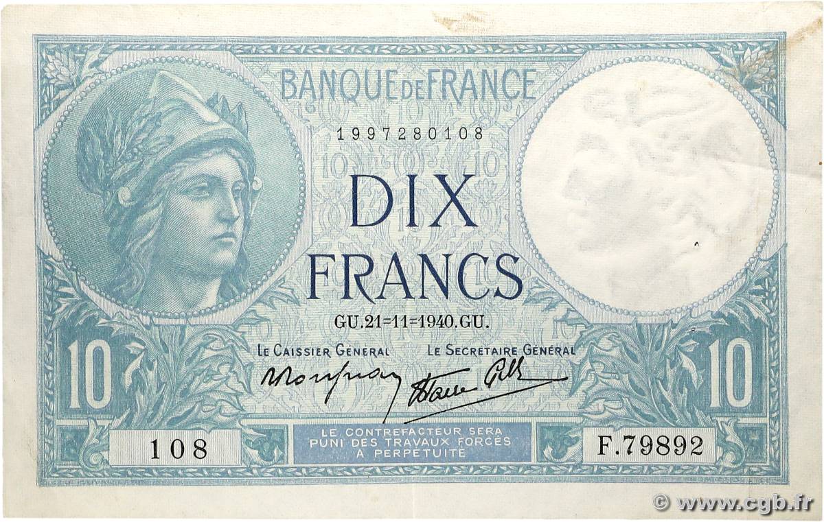 10 Francs MINERVE modifié FRANCE 1940 F.07.21 TTB+