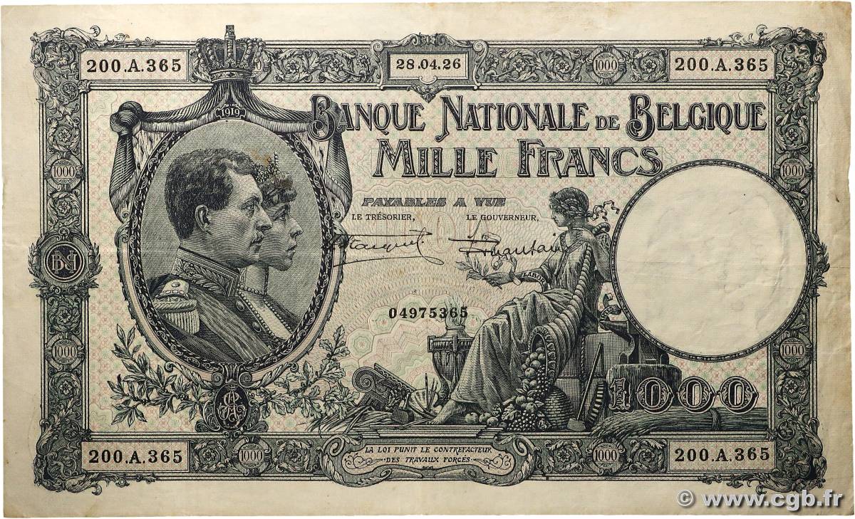 1000 Francs BELGIQUE  1926 P.096 TTB