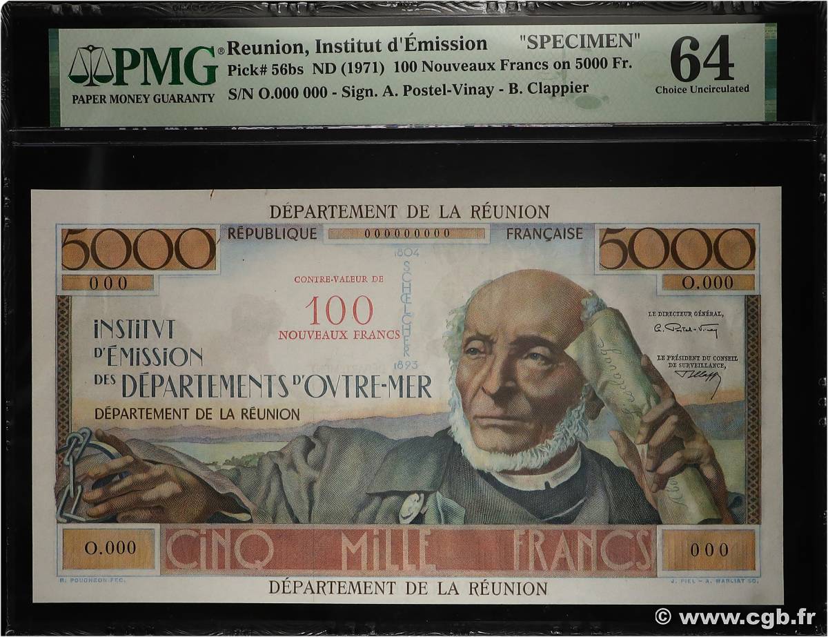 100 NF sur 5000 Francs Schoelcher Épreuve REUNION  1967 P.56bs UNC-