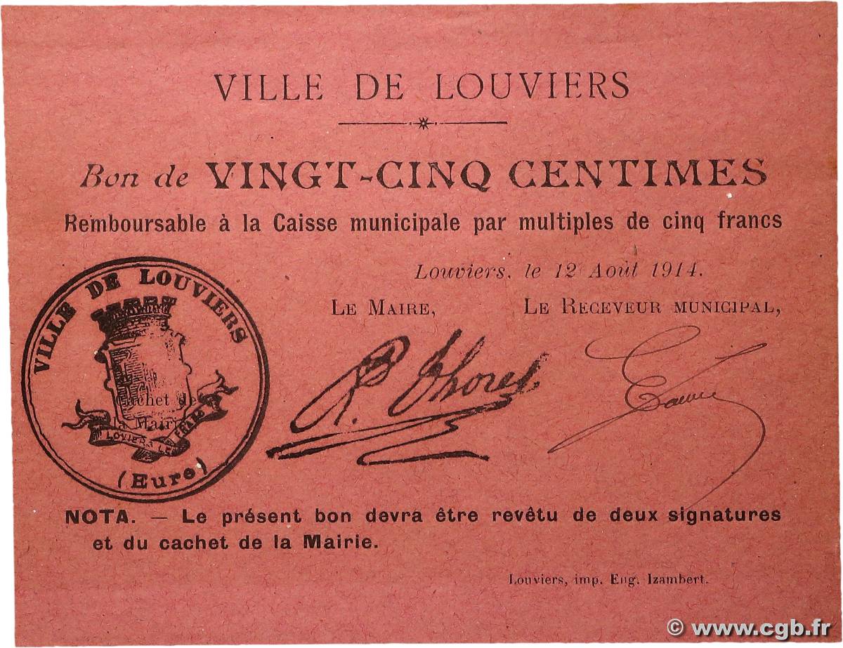 25 Centimes FRANCE régionalisme et divers Louviers 1914 JP.27-01 SUP+