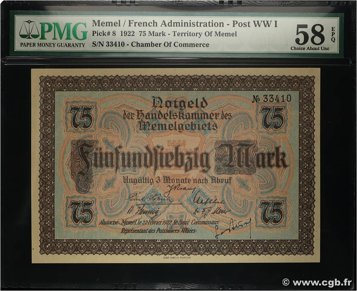 75 Mark MEMEL  1922 P.08 SPL