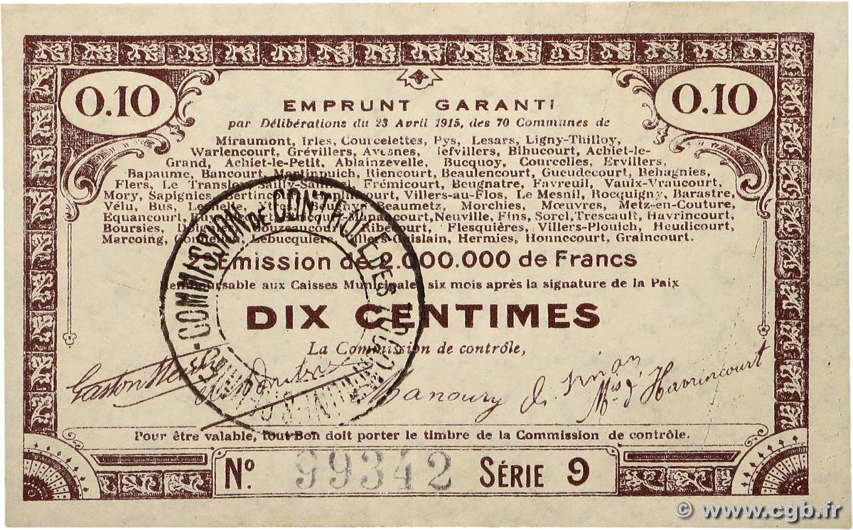 10 Centimes FRANCE régionalisme et divers 70 Communes 1915 JP.62-0067 SPL