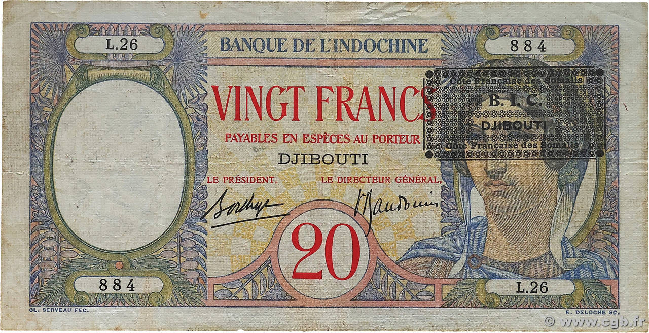 20 Francs DJIBOUTI 1943 P.12A TB+