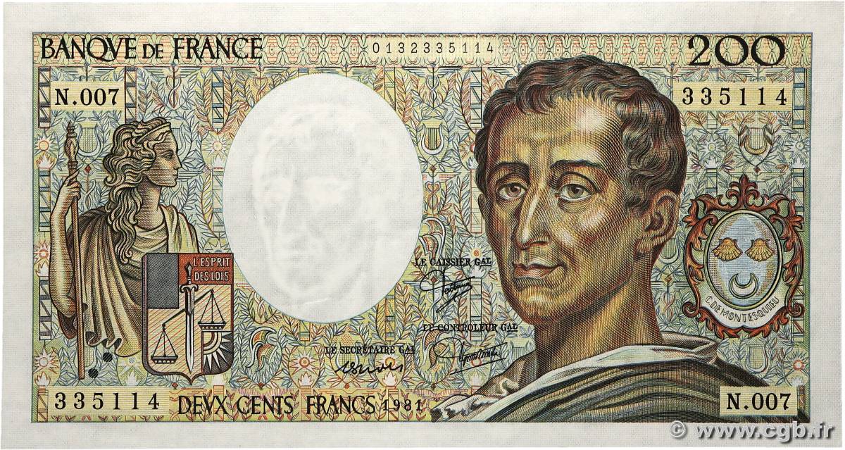200 Francs MONTESQUIEU FRANCE 1981 F.70.01 SPL+