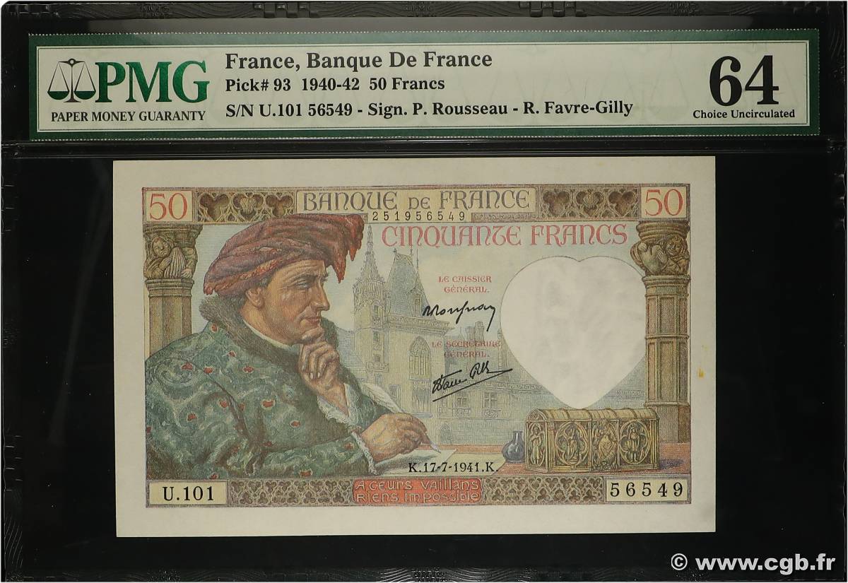 50 Francs JACQUES CŒUR FRANKREICH 1941 F.19.12 fST+