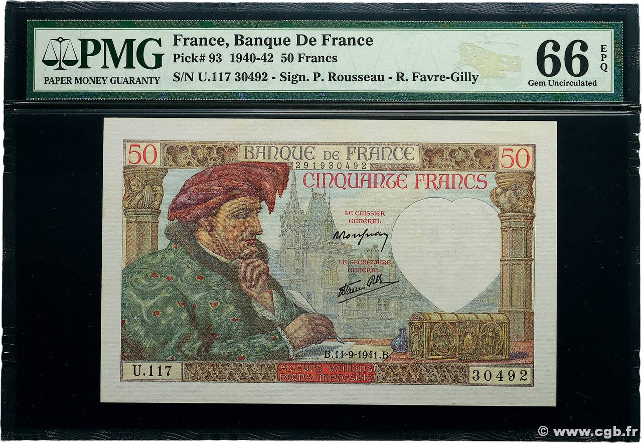 50 Francs JACQUES CŒUR FRANCE 1941 F.19.14 NEUF