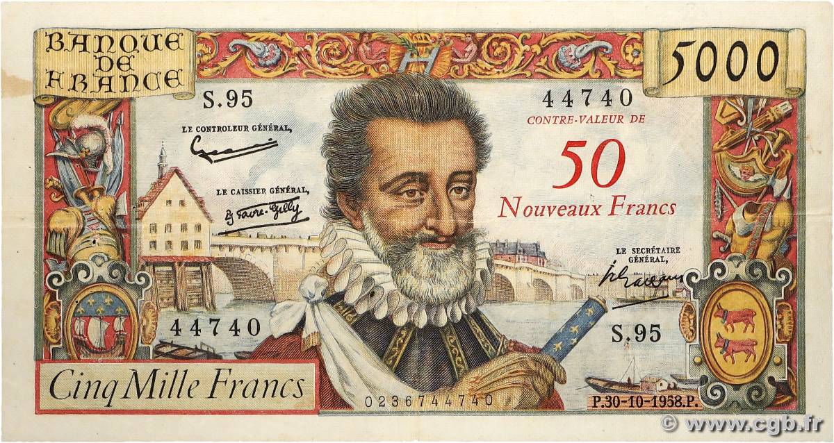 50 NF sur 5000 Francs HENRI IV FRANCIA 1958 F.54.01 MBC