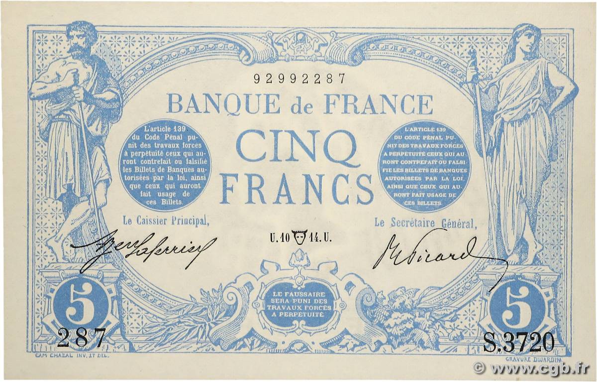 5 Francs BLEU FRANCE  1914 F.02.22 pr.NEUF